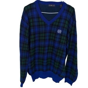 GOLD Notre Dame V-Neck Sweater Medium Men's Blue Green Plaid Pima Cotton Irish